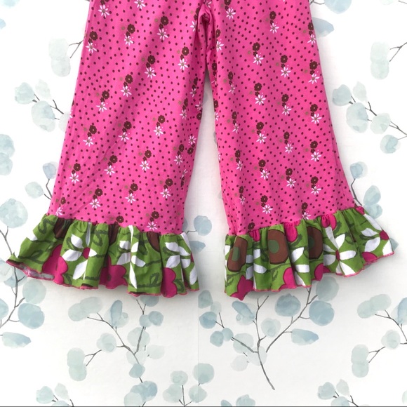 Corkys Kids Pink Green Brown White Flowers Ruffled Bottom Polka Dot Floral Pants - Picture 4 of 12